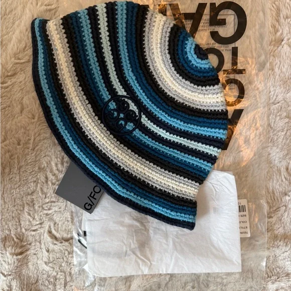 *LAST ONE!* G/FORE Blue and White Brimmed Striped Crochet Bucket Hat BNWT